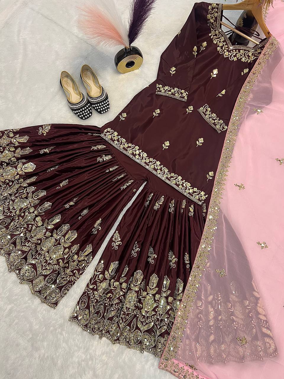 Beautiful Natural Crepe Brown Color Sequins Embroidered Work Wedding Wear Sharara Set With Fancy Dupatta