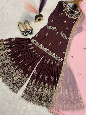 Beautiful Natural Crepe Brown Color Sequins Embroidered Work Wedding Wear Sharara Set With Fancy Dupatta