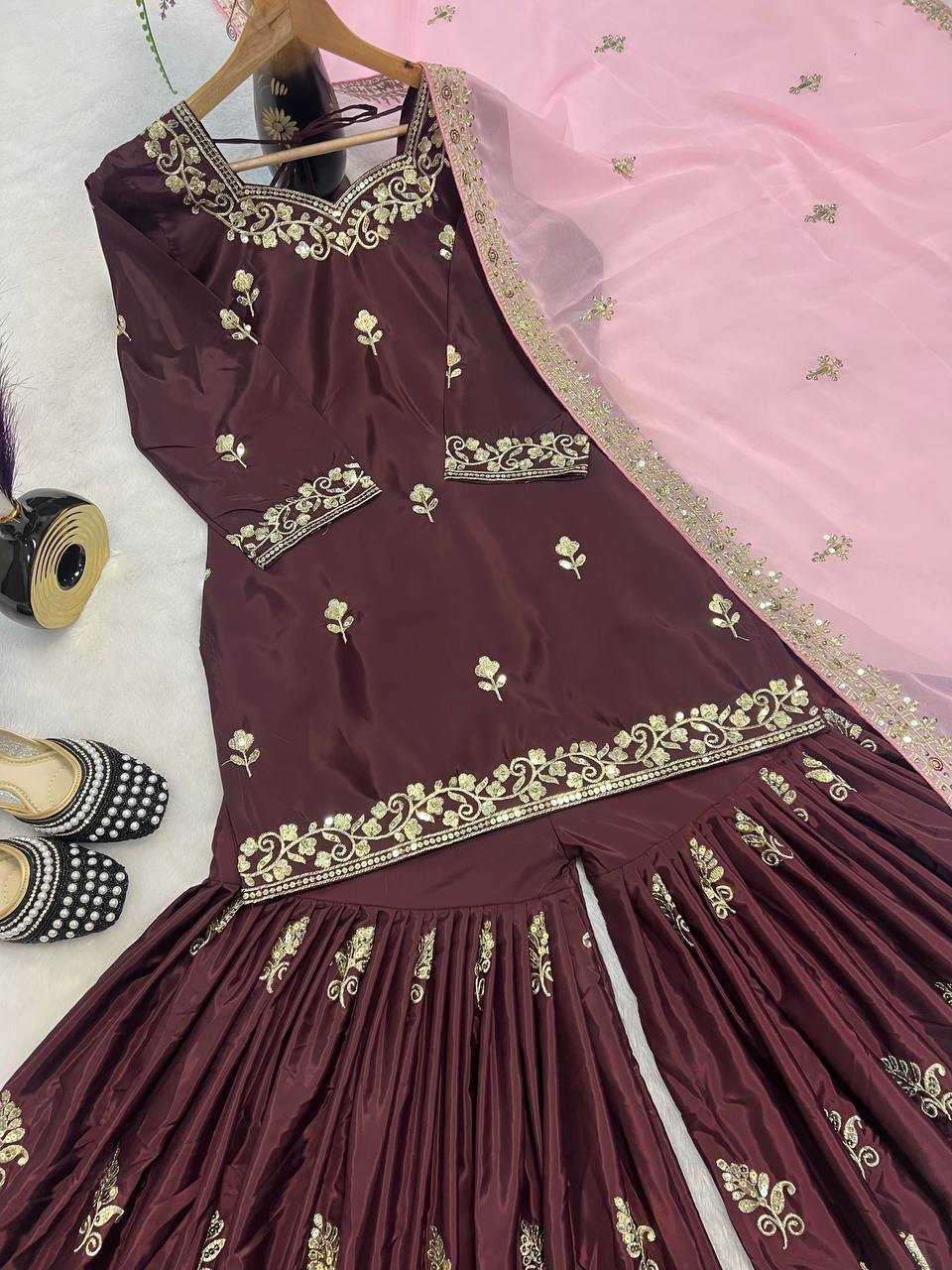 Beautiful Natural Crepe Brown Color Sequins Embroidered Work Wedding Wear Sharara Set With Fancy Dupatta