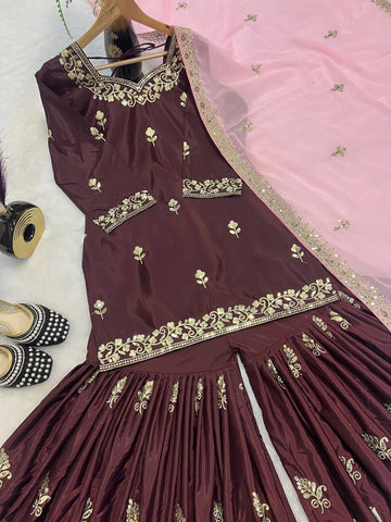 Beautiful Natural Crepe Brown Color Sequins Embroidered Work Wedding Wear Sharara Set With Fancy Dupatta