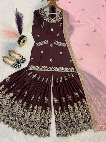 Beautiful Natural Crepe Brown Color Sequins Embroidered Work Wedding Wear Sharara Set With Fancy Dupatta