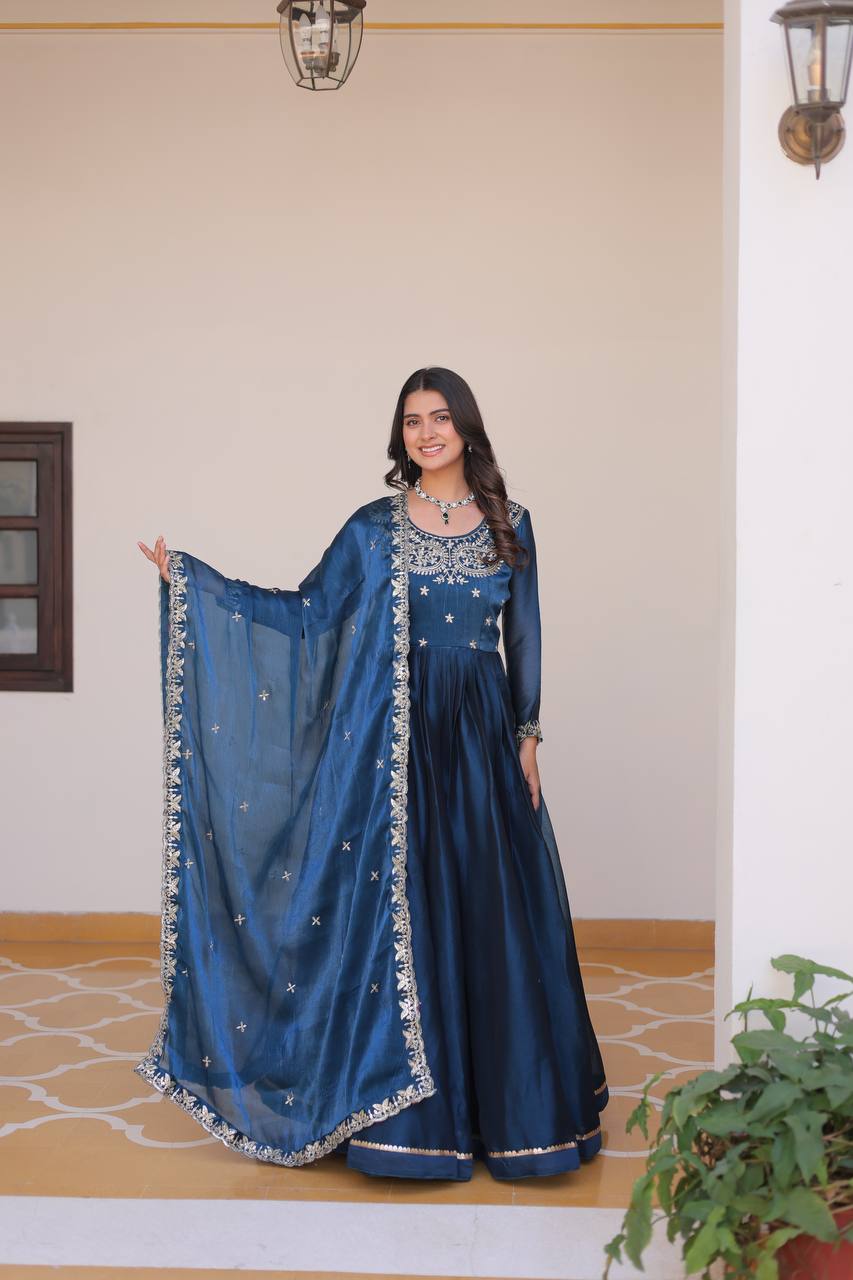 Classic Teal Blue Color Pure Burberry Silk Heavy Sequence Embroidery Work Designer Gown