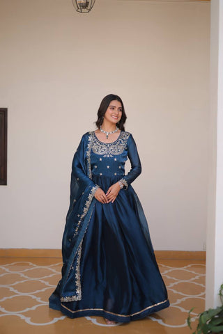 Classic Teal Blue Color Pure Burberry Silk Heavy Sequence Embroidery Work Designer Gown