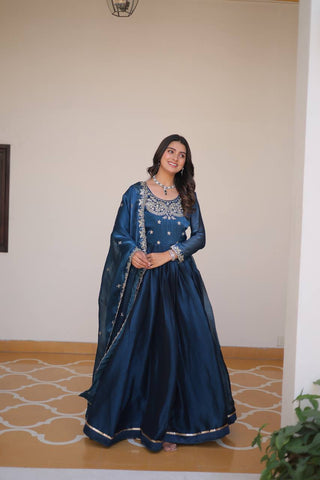 Classic Teal Blue Color Pure Burberry Silk Heavy Sequence Embroidery Work Designer Gown