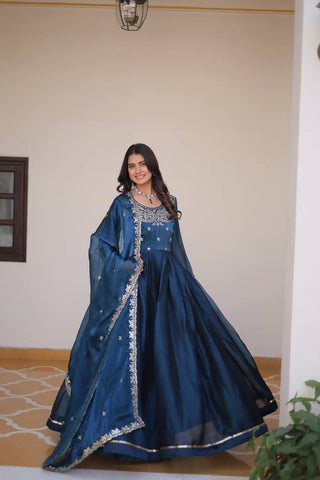 Classic Teal Blue Color Pure Burberry Silk Heavy Sequence Embroidery Work Designer Gown
