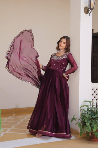 Classic Wine Color Pure Burberry Silk Heavy Sequence Embroidery Work Designer Gown