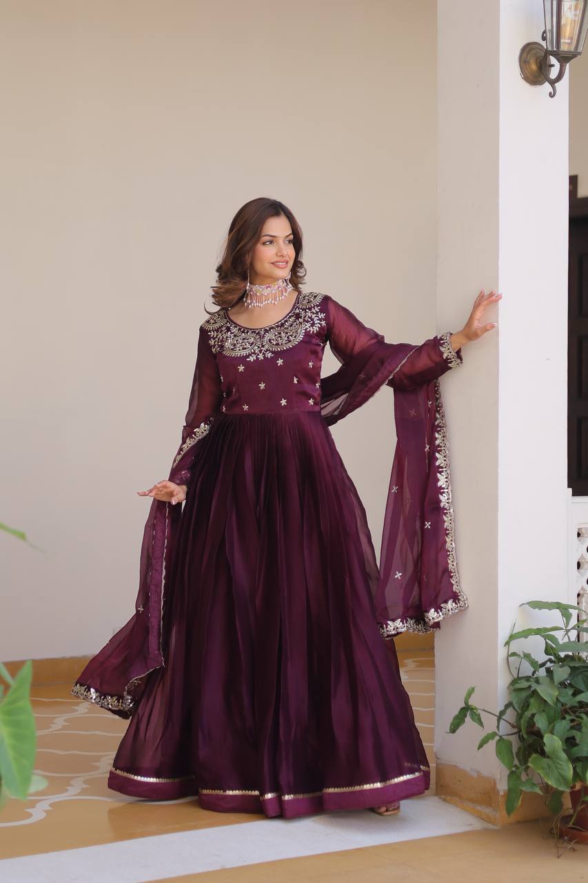 Classic Wine Color Pure Burberry Silk Heavy Sequence Embroidery Work Designer Gown