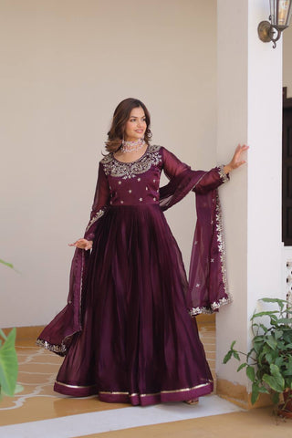 Classic Wine Color Pure Burberry Silk Heavy Sequence Embroidery Work Designer Gown