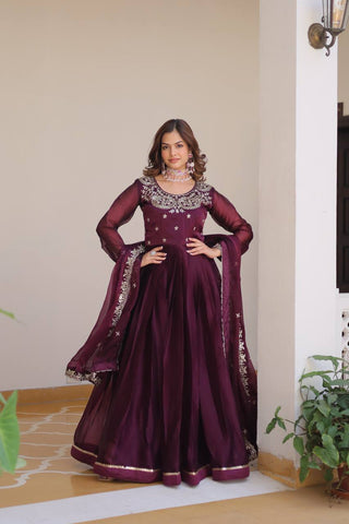 Classic Wine Color Pure Burberry Silk Heavy Sequence Embroidery Work Designer Gown