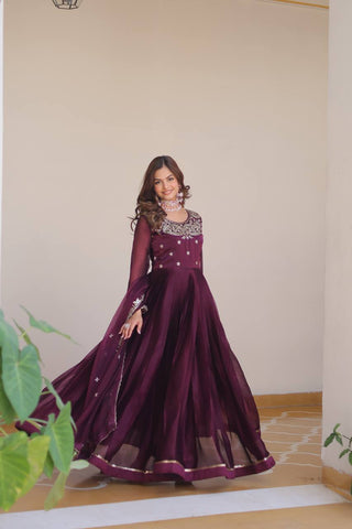 Classic Wine Color Pure Burberry Silk Heavy Sequence Embroidery Work Designer Gown