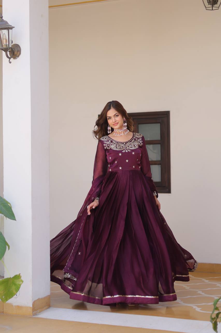 Classic Wine Color Pure Burberry Silk Heavy Sequence Embroidery Work Designer Gown