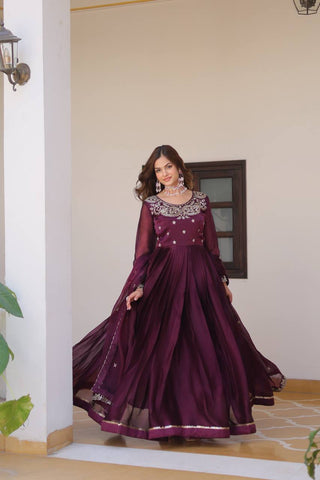 Classic Wine Color Pure Burberry Silk Heavy Sequence Embroidery Work Designer Gown