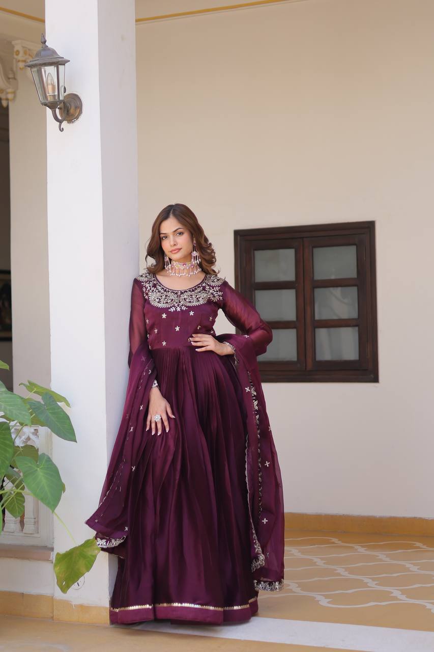 Classic Wine Color Pure Burberry Silk Heavy Sequence Embroidery Work Designer Gown