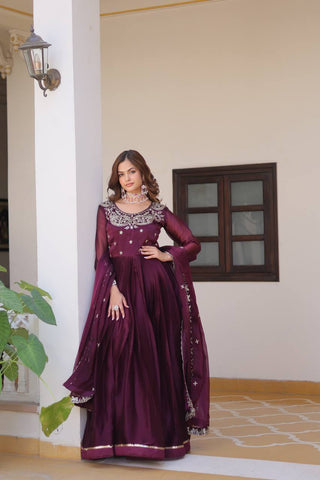 Classic Wine Color Pure Burberry Silk Heavy Sequence Embroidery Work Designer Gown