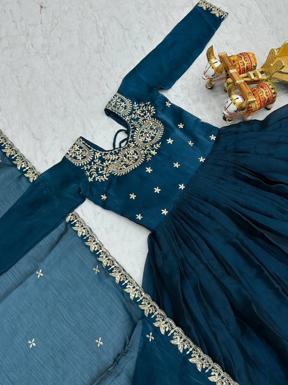 Classic Teal Blue Color Pure Burberry Silk Heavy Sequence Embroidery Work Designer Gown