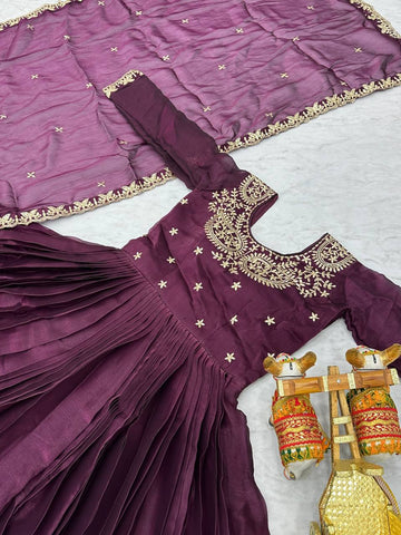 Classic Wine Color Pure Burberry Silk Heavy Sequence Embroidery Work Designer Gown