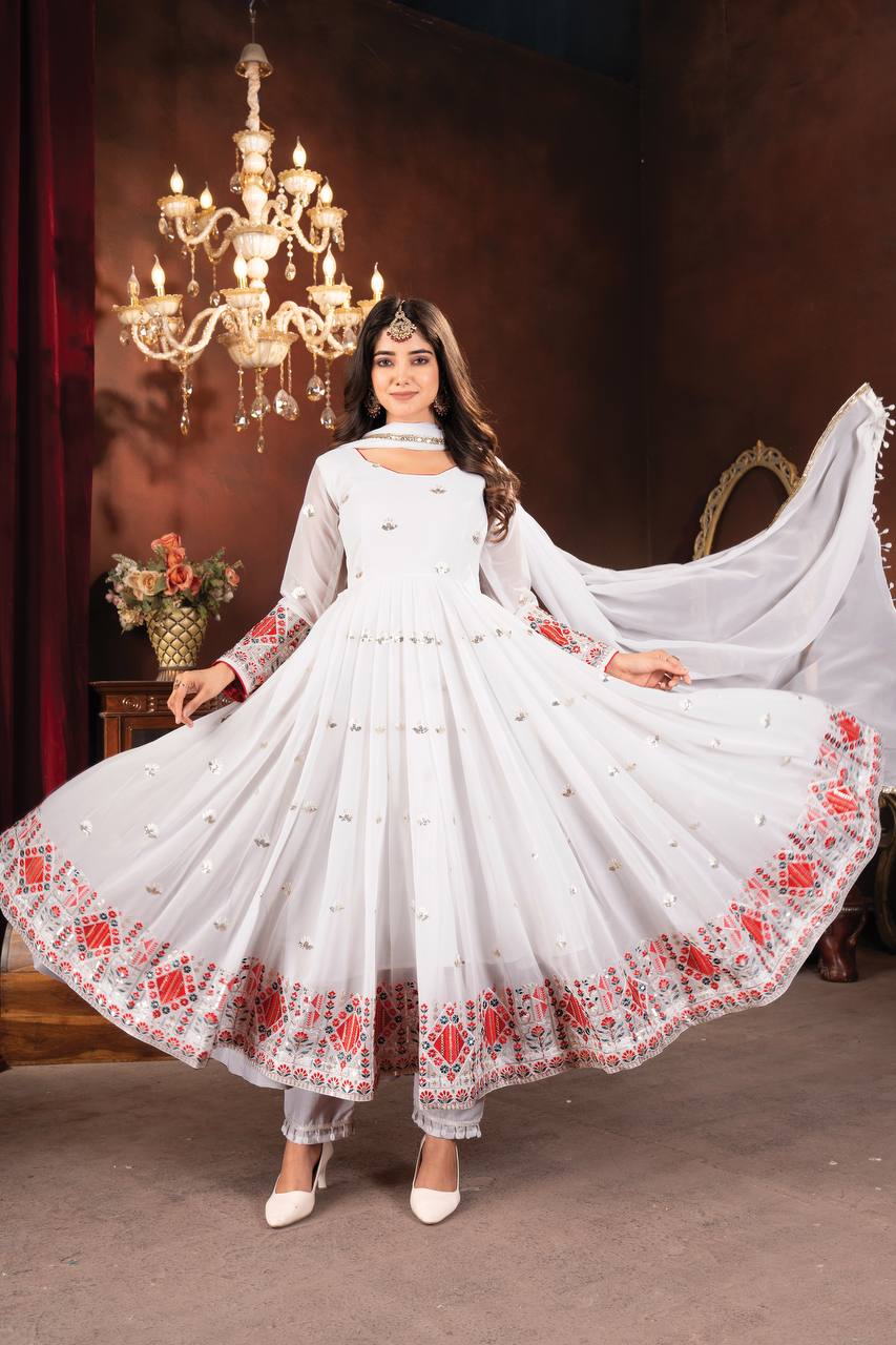 Marvelous White Color Faux Blooming With Heavy Sequins And Thread Embroidered Work Anarkali Suit