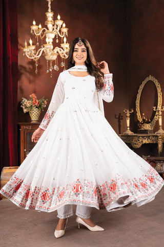 Marvelous White Color Faux Blooming With Heavy Sequins And Thread Embroidered Work Anarkali Suit
