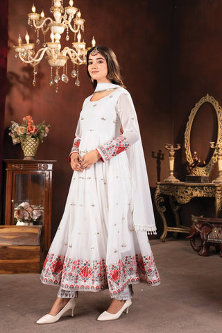 Marvelous White Color Faux Blooming With Heavy Sequins And Thread Embroidered Work Anarkali Suit