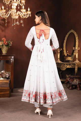 Marvelous White Color Faux Blooming With Heavy Sequins And Thread Embroidered Work Anarkali Suit