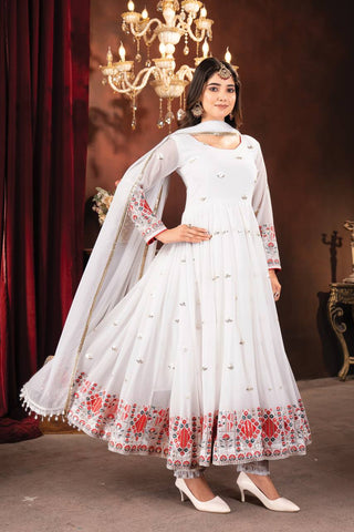 Marvelous White Color Faux Blooming With Heavy Sequins And Thread Embroidered Work Anarkali Suit