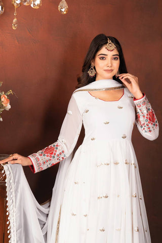 Marvelous White Color Faux Blooming With Heavy Sequins And Thread Embroidered Work Anarkali Suit