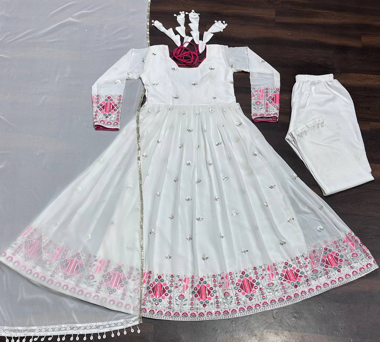 Marvelous White Color Faux Blooming With Heavy Sequins And Thread Embroidered Work Anarkali Suit