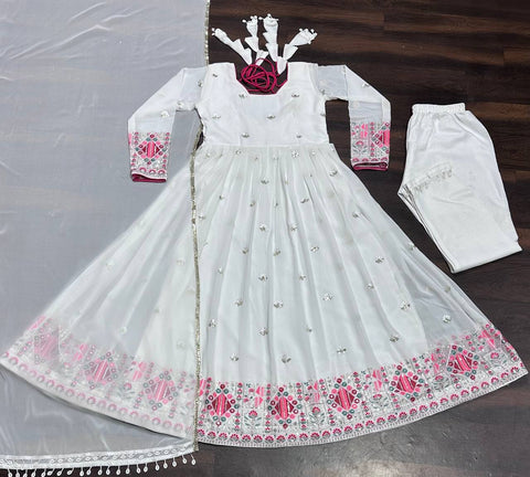 Marvelous White Color Faux Blooming With Heavy Sequins And Thread Embroidered Work Anarkali Suit