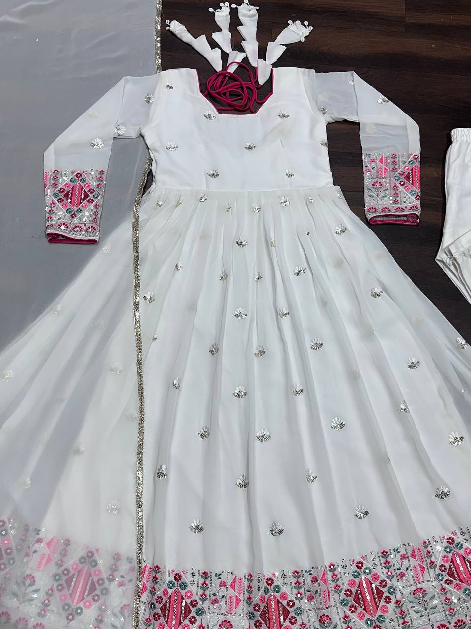 Marvelous White Color Faux Blooming With Heavy Sequins And Thread Embroidered Work Anarkali Suit