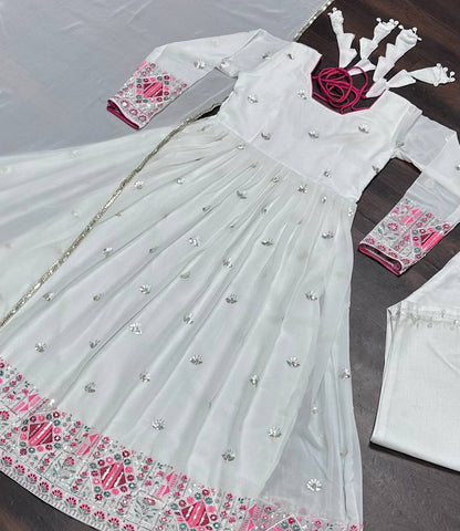 Marvelous White Color Faux Blooming With Heavy Sequins And Thread Embroidered Work Anarkali Suit