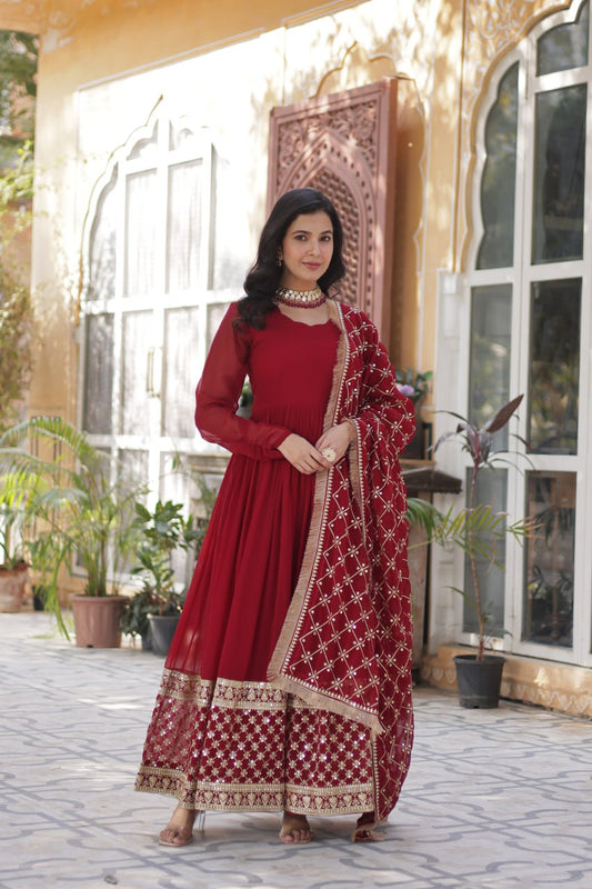 Wedding Wear Maroon Color Faux Blooming With Embroidery Zari Sequins Work Designer Gown