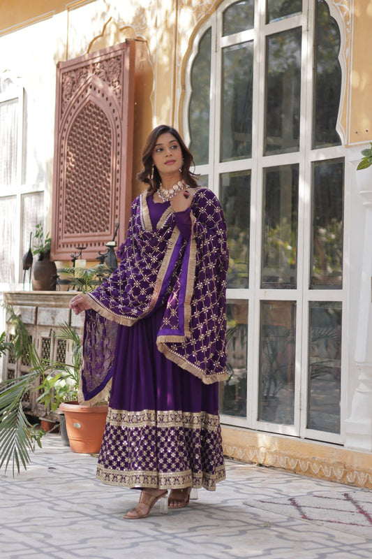 Wedding Wear Purple Color Faux Blooming With Embroidery Zari Sequins Work Designer Gown