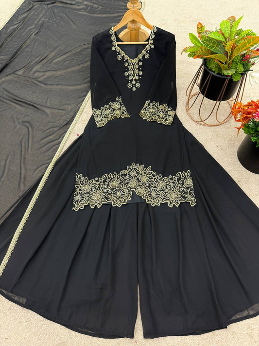 Designer Black Color Heavy Faux Georgette With Embroidery Beads Work Palazzo Suit