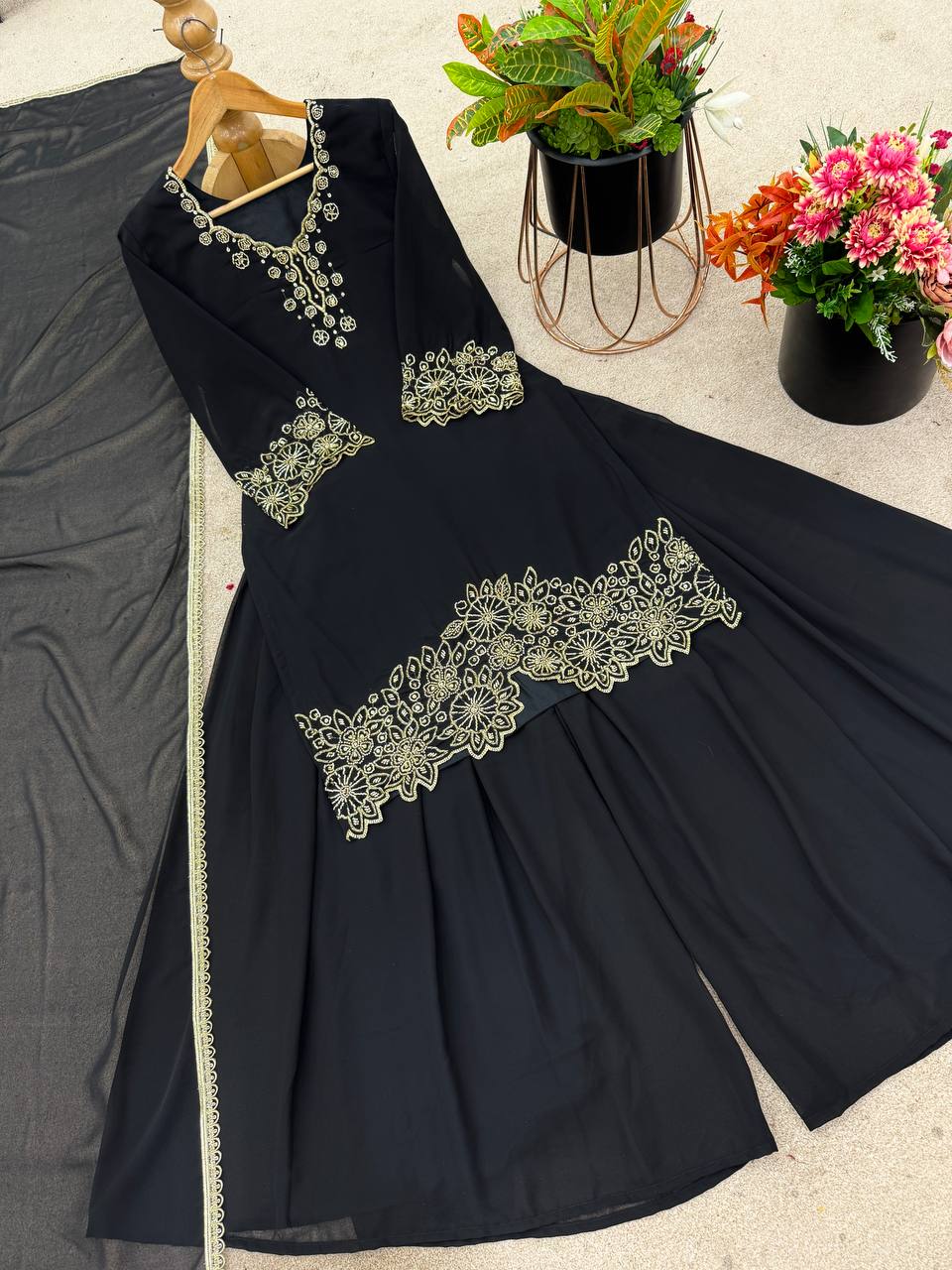 Designer Black Color Heavy Faux Georgette With Embroidery Beads Work Palazzo Suit