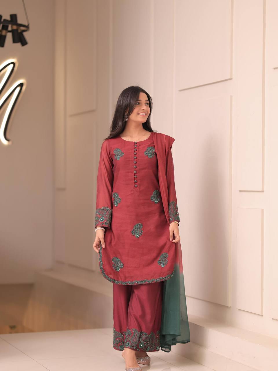 Designer French Crepe Silk Brown Color Embroidered Kurti Set with Palazzo & Dupatta – Ready to Wear