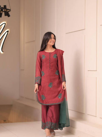 Designer French Crepe Silk Brown Color Embroidered Kurti Set with Palazzo & Dupatta – Ready to Wear