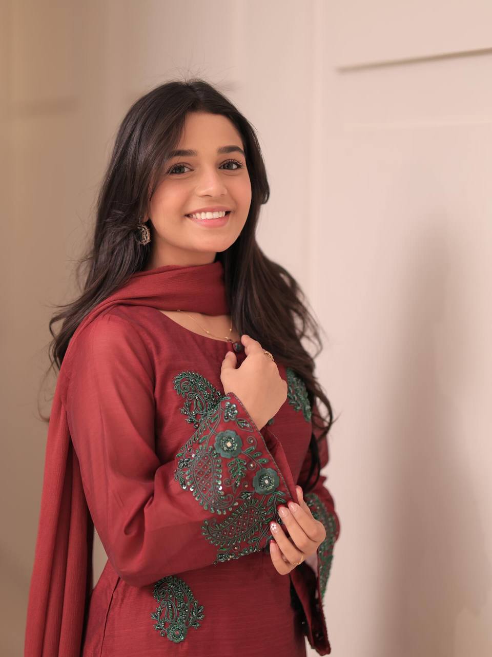 Designer French Crepe Silk Brown Color Embroidered Kurti Set with Palazzo & Dupatta – Ready to Wear