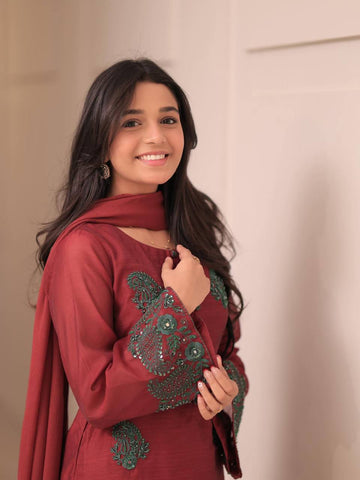 Designer French Crepe Silk Brown Color Embroidered Kurti Set with Palazzo & Dupatta – Ready to Wear