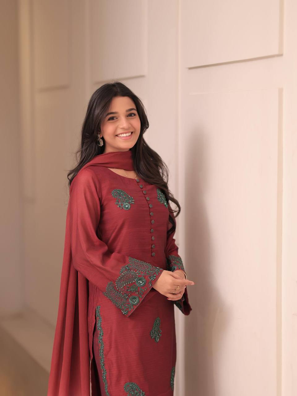 Designer French Crepe Silk Brown Color Embroidered Kurti Set with Palazzo & Dupatta – Ready to Wear