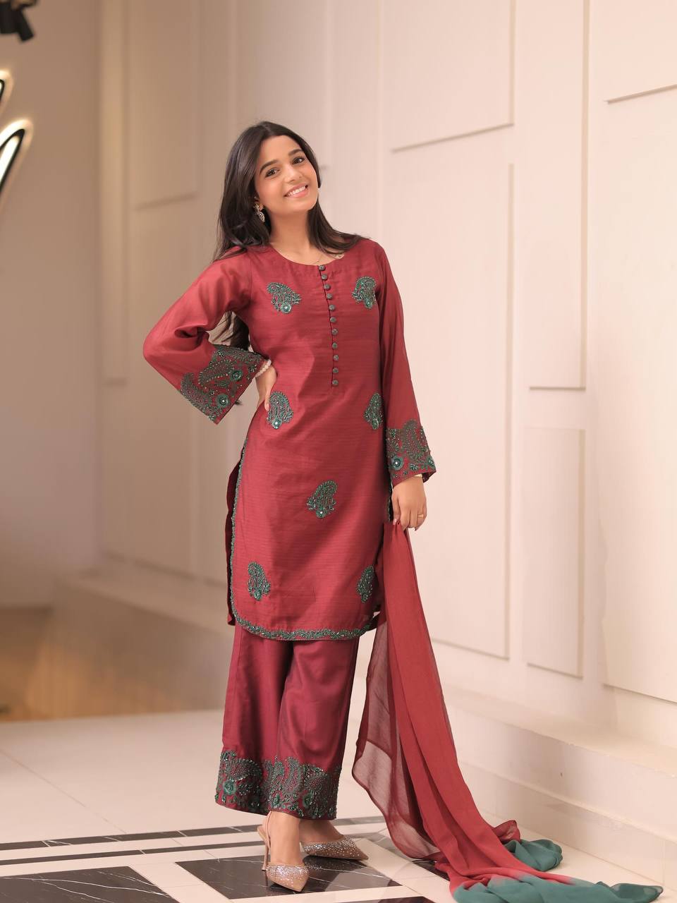 Designer French Crepe Silk Brown Color Embroidered Kurti Set with Palazzo & Dupatta – Ready to Wear