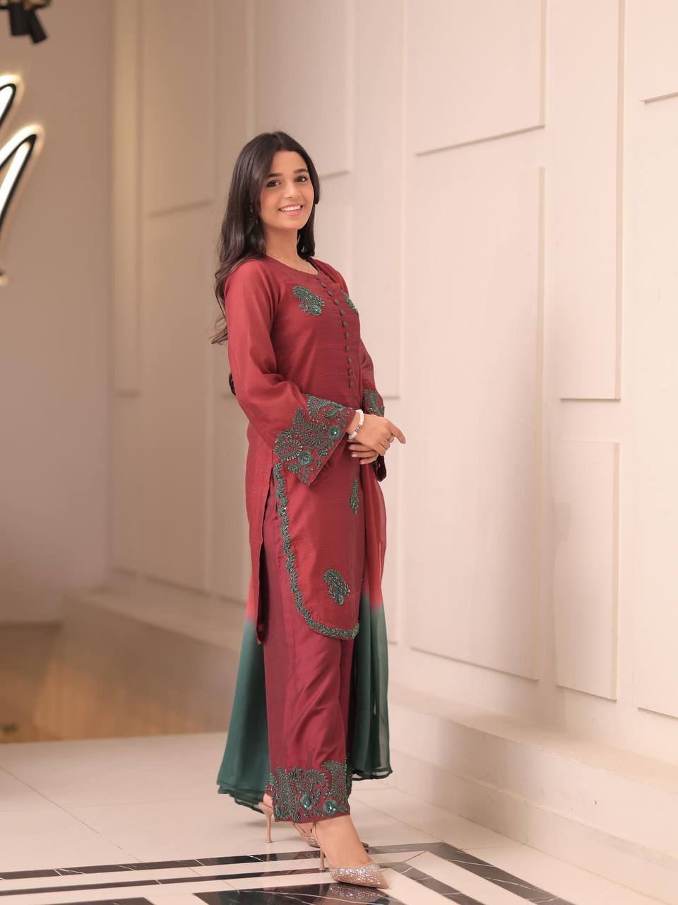 Designer French Crepe Silk Brown Color Embroidered Kurti Set with Palazzo & Dupatta – Ready to Wear