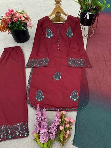 Designer French Crepe Silk Brown Color Embroidered Kurti Set with Palazzo & Dupatta – Ready to Wear