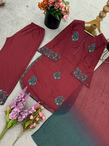 Designer French Crepe Silk Brown Color Embroidered Kurti Set with Palazzo & Dupatta – Ready to Wear