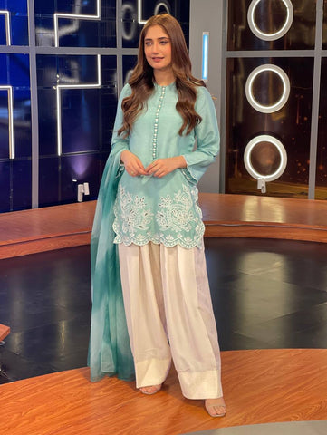 Reception Wear Sky Blue Color Heavy Georgette With Embroidery Work Palazzo Suit
