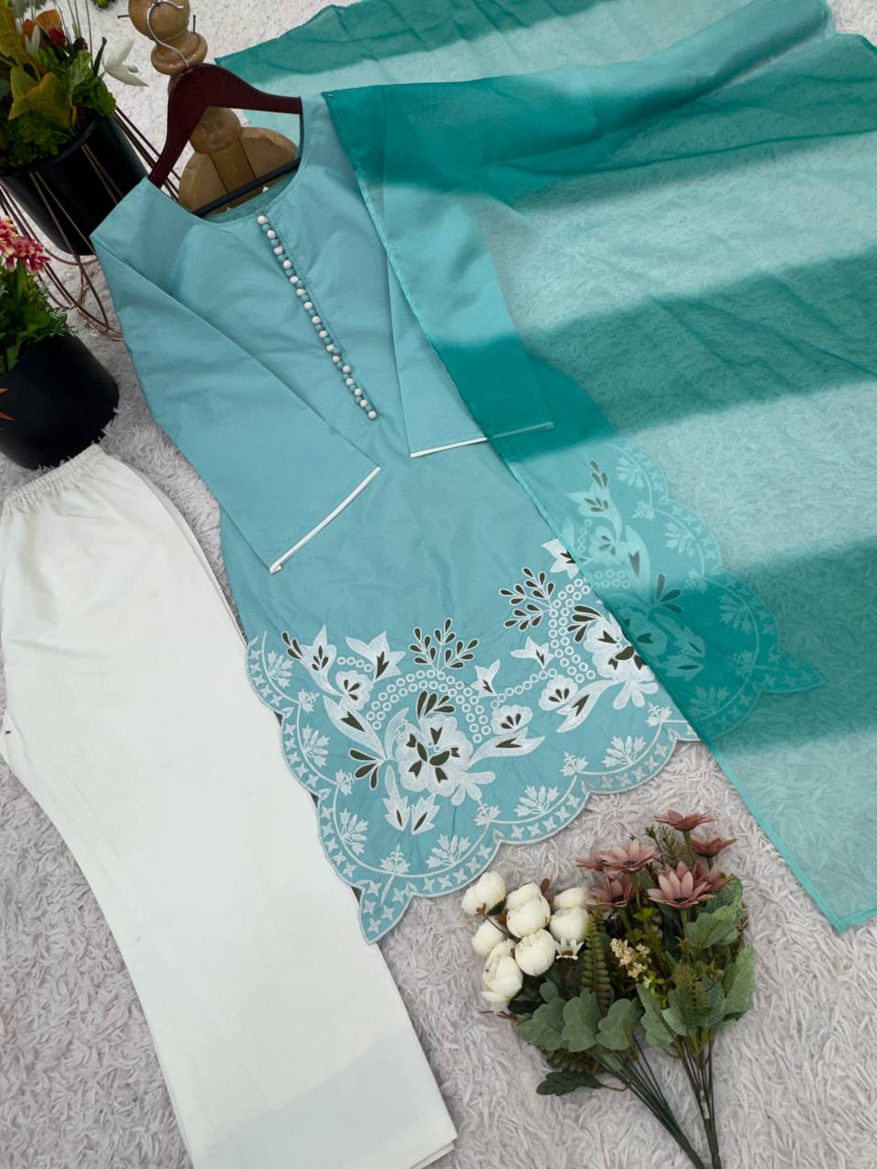 Reception Wear Sky Blue Color Heavy Georgette With Embroidery Work Palazzo Suit
