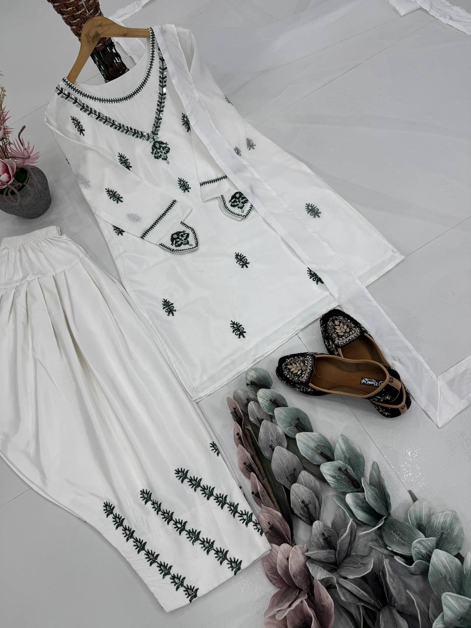 Beautiful White Color Heavy Natural Crepe Embroidered Top Palazzo With Dupatta Set