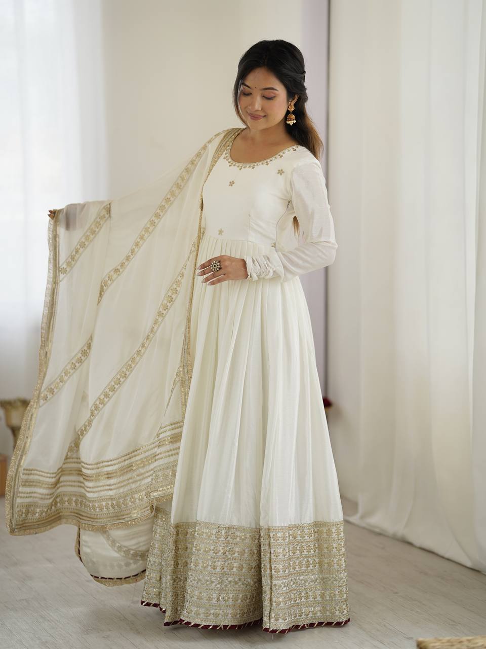 Function Wear Off White Soft Chinon Silk Beautiful Thread Embroidery With Sequin Work Designer Gown