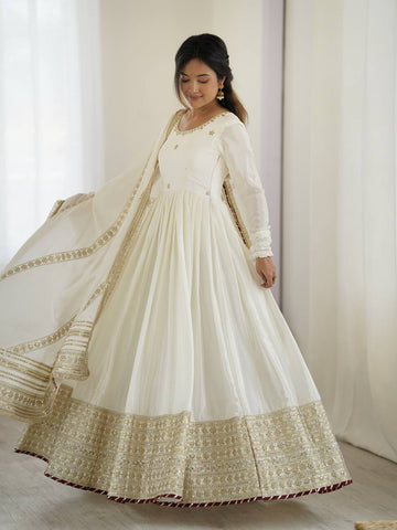 Function Wear Off White Soft Chinon Silk Beautiful Thread Embroidery With Sequin Work Designer Gown