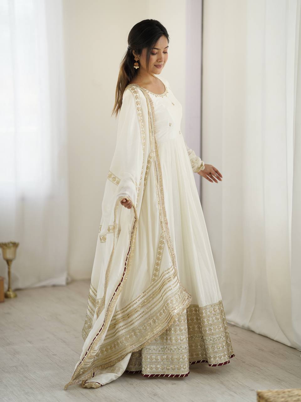 Function Wear Off White Soft Chinon Silk Beautiful Thread Embroidery With Sequin Work Designer Gown