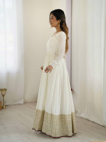 Function Wear Off White Soft Chinon Silk Beautiful Thread Embroidery With Sequin Work Designer Gown